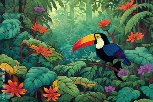 Illustration of a tropical rainforest with a toucan Generative AI.
