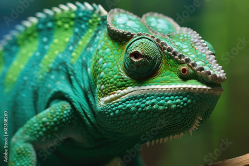 green chameleon close up photo on blur background  generative ai