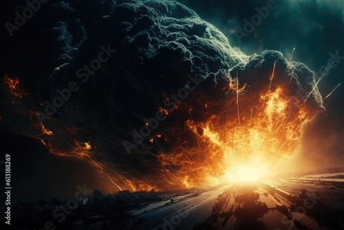 Abstract spaceship crashing through a solar storm. Dramatic explosions on an alien space planet. 