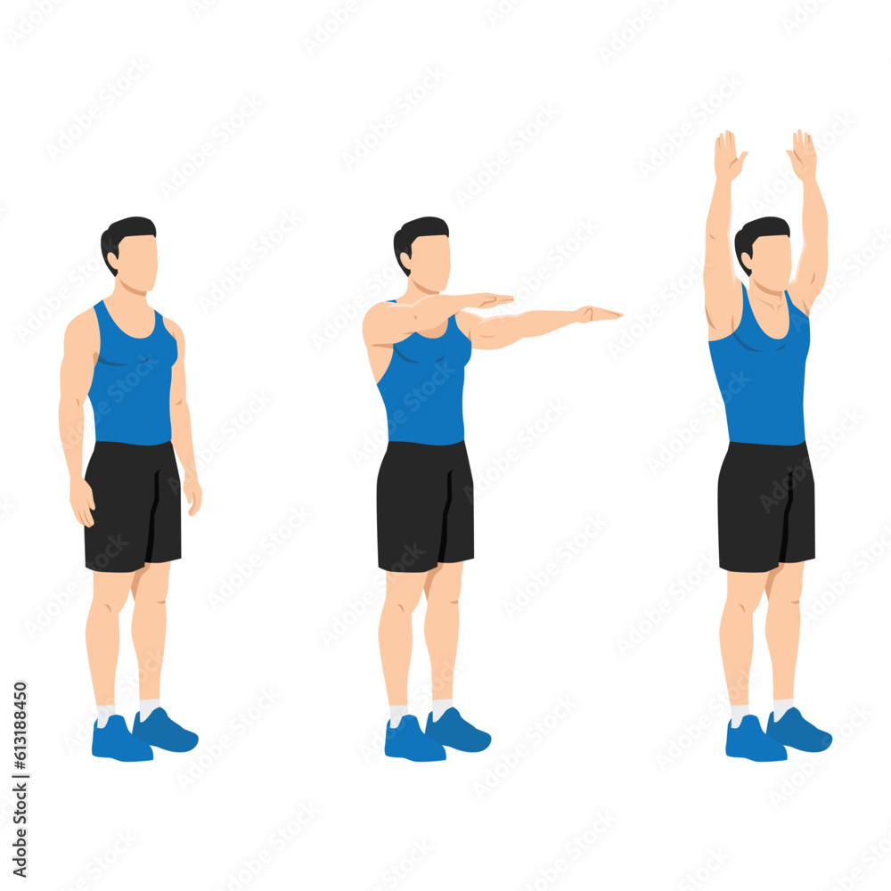 Man doing double arm front raises to overhead extension. Flat vector illustration isolated on white background Man doing double arm front raises to overhead extension. Flat vector illustration isolated on white background