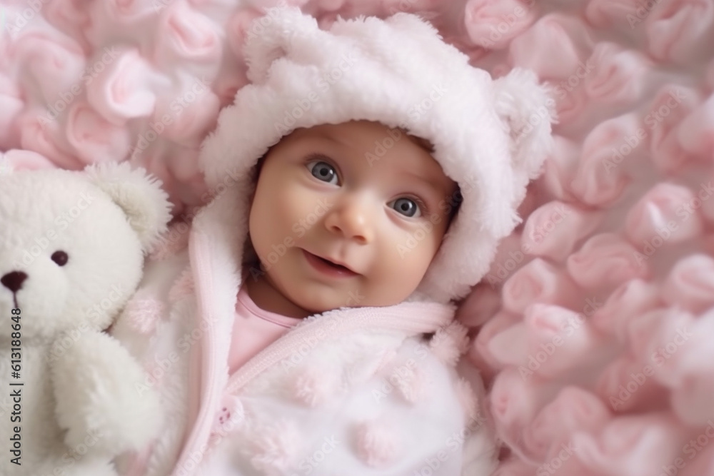 Newborn wrapped in a white blanket, lying in bed, plush toy, white bedsheet background, two months old, baby photography. Happy young baby in diaper lying on white sheet. AI Generative Newborn wrapped in a white blanket, lying in bed, plush toy, white bedsheet background, two months old, baby photography. Happy young baby in diaper lying on white sheet. AI Generative
