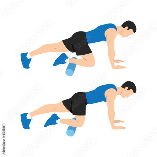 Man doing foam roller anterior tibialis or shin stretch. Flat vector illustration isolated on white background