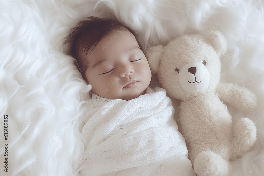 Newborn wrapped in a white blanket, lying in bed, plush toy, white bedsheet background, two months old, baby photography. Happy young baby in diaper lying on white sheet. AI Generative Newborn wrapped in a white blanket, lying in bed, plush toy, white bedsheet background, two months old, baby photography. Happy young baby in diaper lying on white sheet. AI Generative