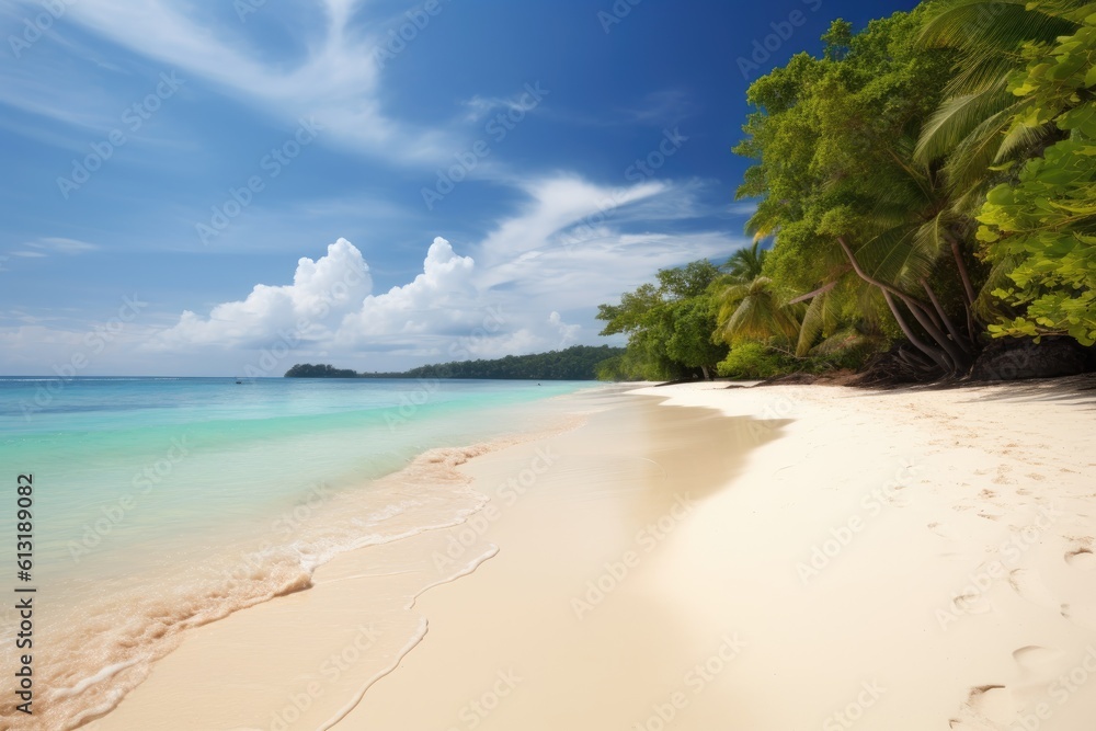 Empty Tropical Beach on a Sunny Day with Blue Sky Summer Vibes Generative AI Empty Tropical Beach on a Sunny Day with Blue Sky Summer Vibes Generative AI