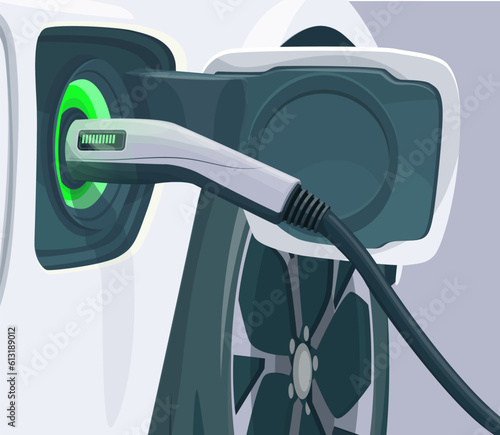 Electric car is charging. Electric car with charging station. EV plug.The concept of charging an electric car. Isolated vector illustration electric vehicle.
