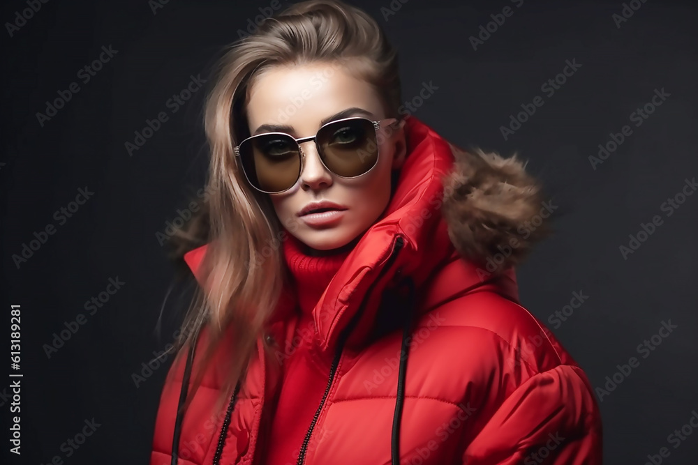 Fashion model in red suit and sunglasses, Studio shot, generative AI tools