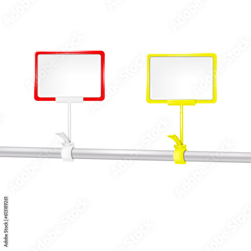 Blank pop displays with clip on pipe isolated on white background mock-up. Information shelf label tags for retail store vector mockup. Sign holder with clamp template. Easy to recolor