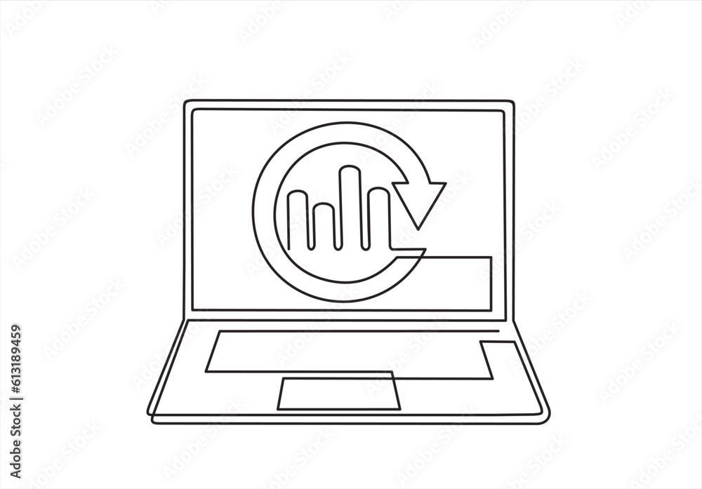 One continuous line drawing of computer laptop with a chart on it. Single line draw design vector illustration One continuous line drawing of computer laptop with a chart on it. Single line draw design vector illustration
