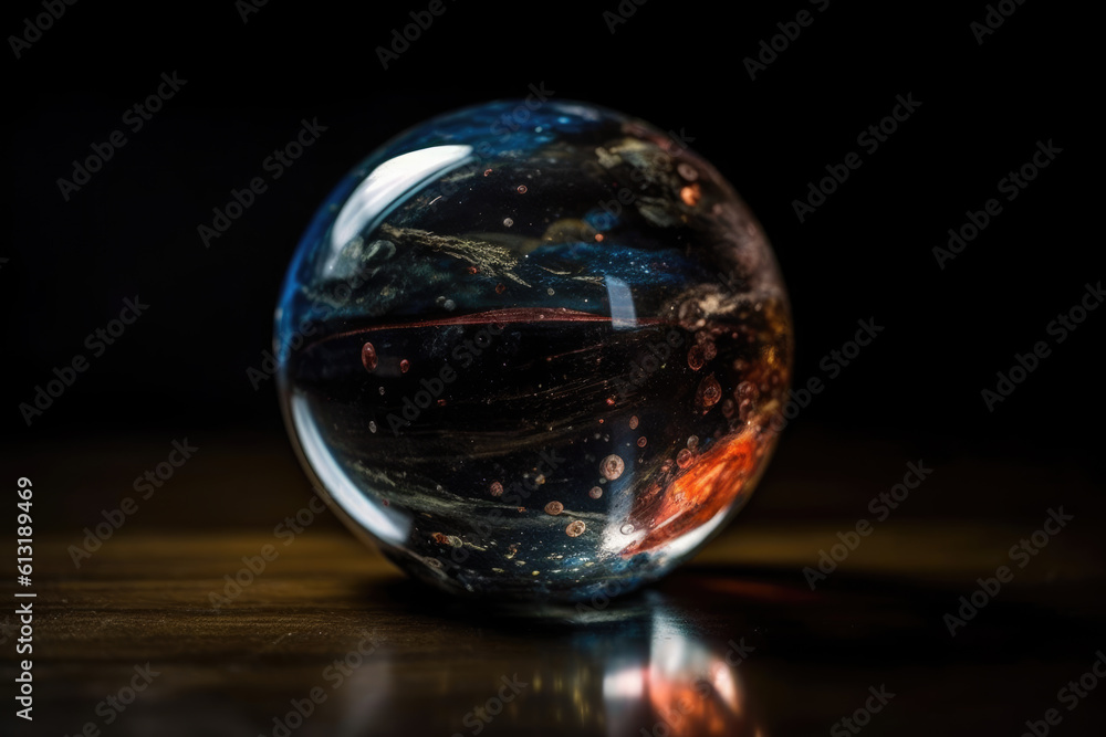 Shiny reflective marble with the cosmos. Sun, stars, planets and galaxies inside a glass globe orb bowling ball. Light mirror sphere in space. Shiny reflective marble with the cosmos. Sun, stars, planets and galaxies inside a glass globe orb bowling ball. Light mirror sphere in space.
