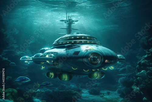 Underwater scene with big sci-fi fantastic submarine. Generative AI.