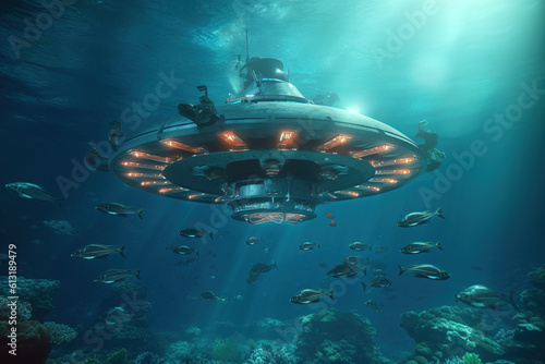 Underwater scene with big sci-fi fantastic submarine. Generative AI.