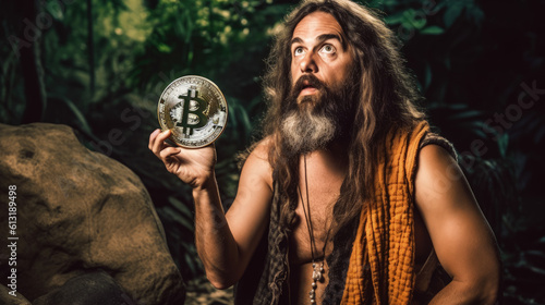 A comical depiction of a caveman holding cryptocurrency, sporting a perplexed expression, juxtaposing ancient times with modern finance photo