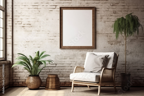 Pitcure frame mockup on the wall. Modern living design, Boho style interior with chair.