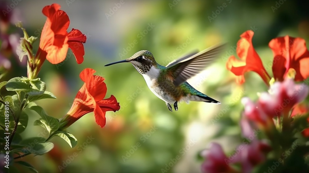Hummingbird hovering next to blooming flowers. Beautiful hummingbird sucking nectar in flight generative ai Hummingbird hovering next to blooming flowers. Beautiful hummingbird sucking nectar in flight generative ai