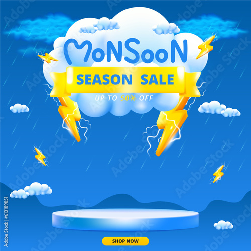 Monsoon season banner sale with podium design with 3d clouds lightning yellow umbrellas