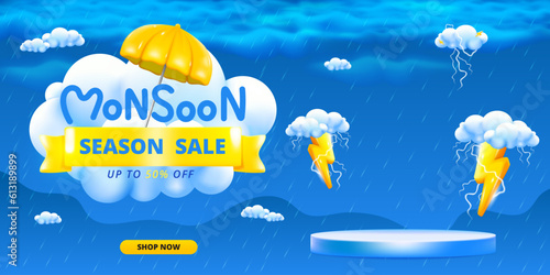 Monsoon season banner sale with podium design with 3d clouds lightning yellow umbrellas