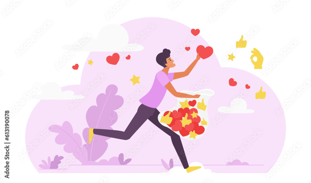 Likes and positive feedback collection, effective marketing campaign for social media content concept vector illustration. Cartoon tiny man holding bag and running to collect and catch flying hearts