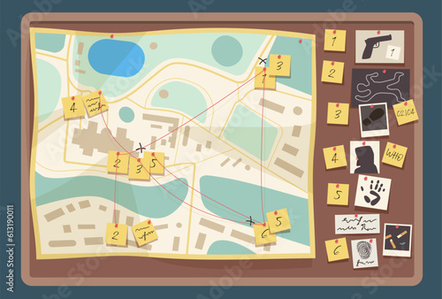 Detective board with crime evidences vector illustration. Cartoon pinboard of investigator with laboratory fingerprints of criminal, map with string, photo and document over buttons for crime research