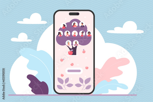 Family tree, genealogy mobile app vector illustration. Cartoon phone with pedigree chart on screen, portraits icons of grandparents, parents and kids to study history of generations and legacy