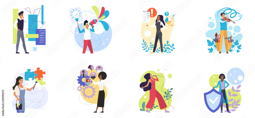 MBTI, mindset types of people set vector illustration. Cartoon isolated gifted female and male characters with different mind behavior and thought, science logic and creative talent, artists thinking