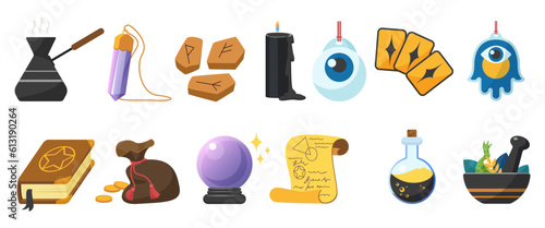 Magic elements set vector illustration. Cartoon isolated sorcerers or witchs potion in bottle, crystal ball and coffee in cezve, runes and tarot cards to predict future, creepy eye and black candle