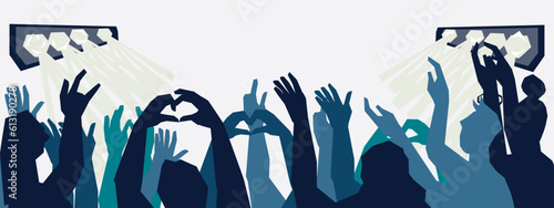 Rock concert music festival background with crowd of people greeting rock band, flat vector illustration. Backdrop for music festival or concert.