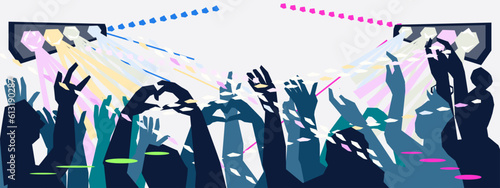 Music fans on rock concert or festival, background with silhouette of people greeting rock band, flat vector illustration. Backdrop for music festival or concert, rock show.