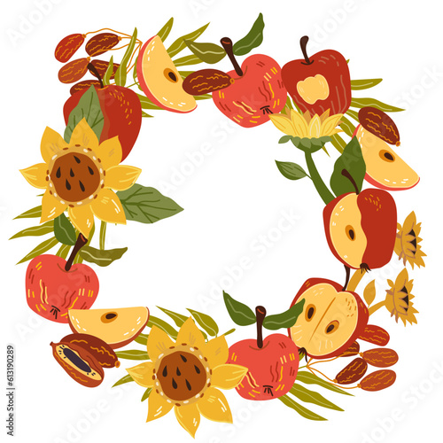 Vegetables harvest frame or wreath with apples, sunflowers and dates, flat vector illustration isolated on white background. Autumn and summer frame design.