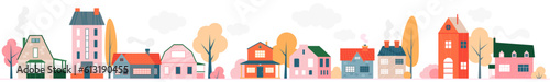 Cute cartooon charming small town village houses panorama. Front view of a variety of brick cottages and apartments vector illustration