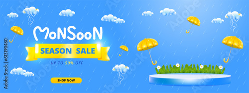 Monsoon season banner sale with podium design with 3d clouds lightning yellow umbrellas