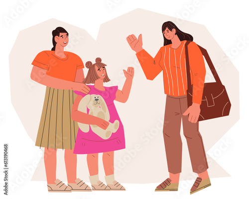 Nanny stays with baby, flat vector illustration isolated on white. Young babysitter staying with little child of preschool age while her mum leaving home for work.