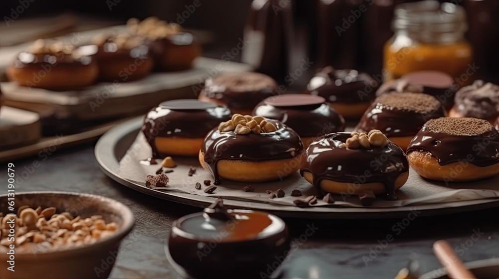 delicious chocolate donuts on a tray. Generative AI
