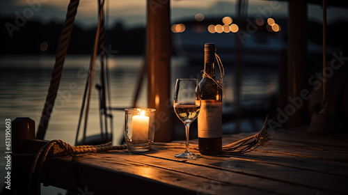 a romantic candlelight dinner with wine outside. Generative AI