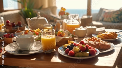 Luxury tourist resort breakfast in hotel room generative ai