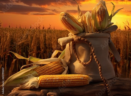 fresh corn cobs and dry seeds in bag on wooden table with green maize field on the background. Agriculture and harvest concept. Sunset or dawn. Created with Generative AI technology. photo