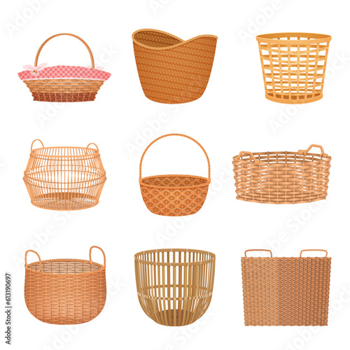 Wicker basket set vector illustration. Cartoon isolated retro craft basketry collection with brown hampers for fruit and flowers, empty round and square wooden containers for picnic and camping