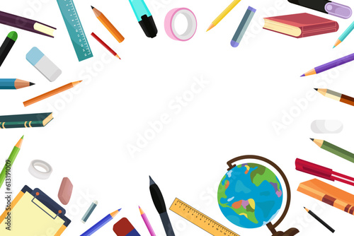 white background with stationery, office supplies, college, learning, education
