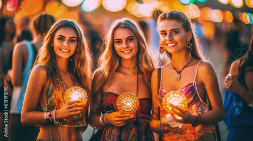 Beautiful young friends holding glowing Bitcoins, adding a tech-savvy twist to their night at a music festival