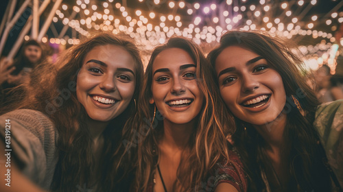 Beautiful girl / women having fun at a music festival / concert at night / after dark.