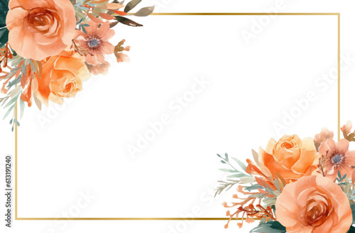 Beautiful floral golden frame background with soft watercolor flowers