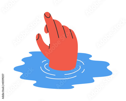 Hand drawn cute illustration of drowning hand. Flat vector sink into depression, problem, addiction in doodle style. Mental health, psychology, deep water sticker, icon. Isolated on white background.