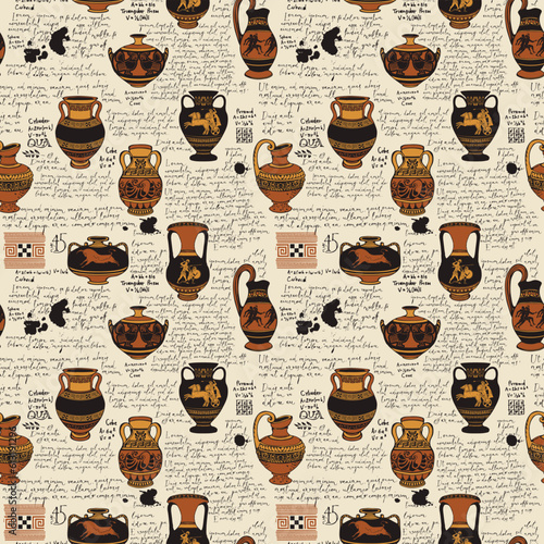 Vector vintage seamless pattern or wallpaper on the theme of ancient Greece. Manuscript with sketches antique amphoras and jugs with ornaments, handwritten texts Lorem Ipsum, blots and spots.