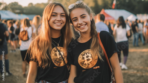 Young friends, cryptocurrency t-shirts. Modern, stylish group showcasing blockchain passion.