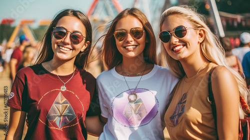 Young friends don cryptocurrency tees amid the festival's energy, blending fashion with crypto fervor.