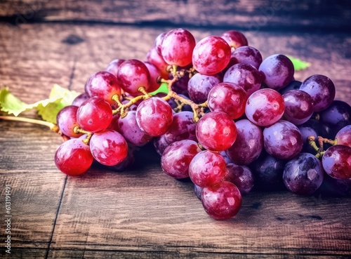 Bunches of fresh ripe red grapes on a wooden textural surface. Ancient style, a beautiful background with a branch of black grape. Created with Generative AI technology.