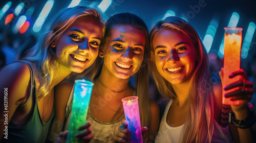 Beautiful girl / women having fun at a music festival / concert at night / after dark.