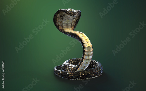 3d Illustration King Cobra The World's Longest Venomous Snake Isolated on Green Background, King Cobra Snake with Clipping Path 