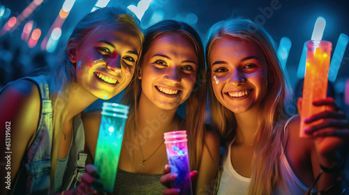 Beautiful girl / women having fun at a music festival / concert at night / after dark.