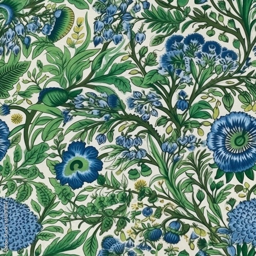 Seamless pattern of cotton fabrics with blue and green floral motif, created with generative AI