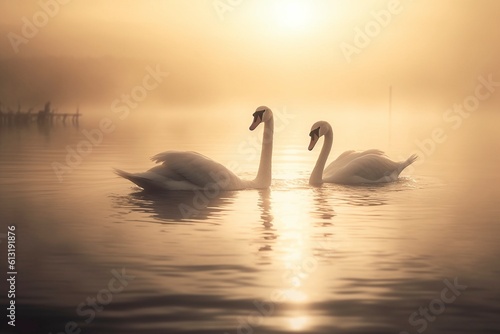Two swans floating on the water  created with generative AI